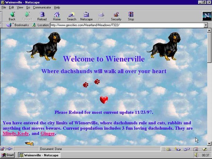 a screenshot from a website in the 1990s, called Welcome to Wienerville with pictures of sausage dogs on it